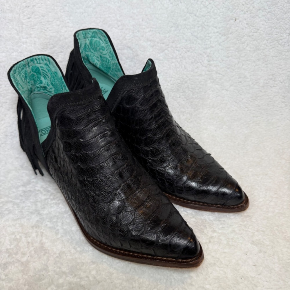 Corral Black Python Fringe Ankle Boots‎ Q8570 Western Pointed Toe Women 7 M